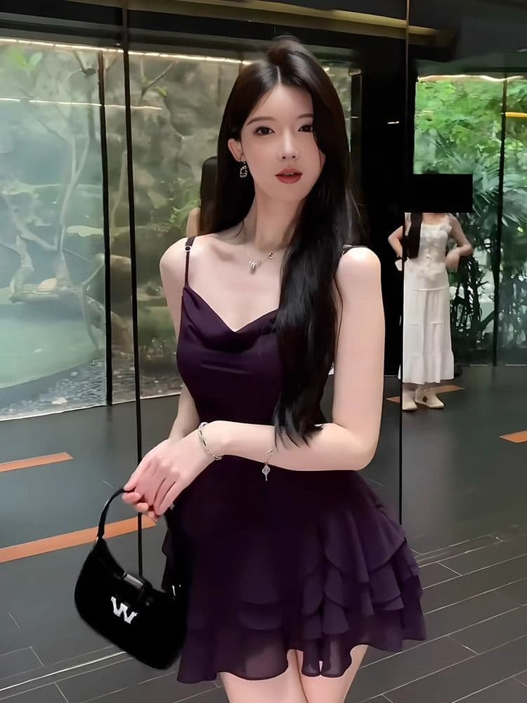 프랑스식 흔들다 칼라 민소매 슬립 여성 드레스 여름 섹시함 핫걸 바람 오프숄더 한 마디 미니 스커트 이미지 2