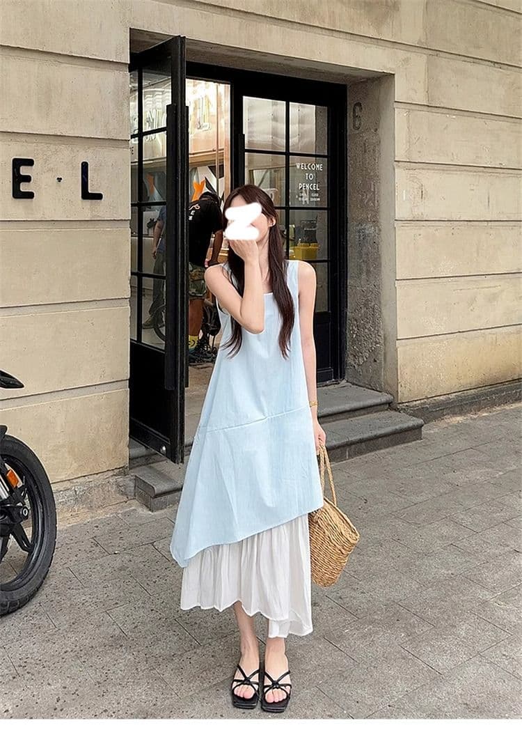 파란색 민소매 조끼 여성 드레스 여름 프랑스식 품격 고급 센스 해변가 휴가 롱 스커트 이미지 3