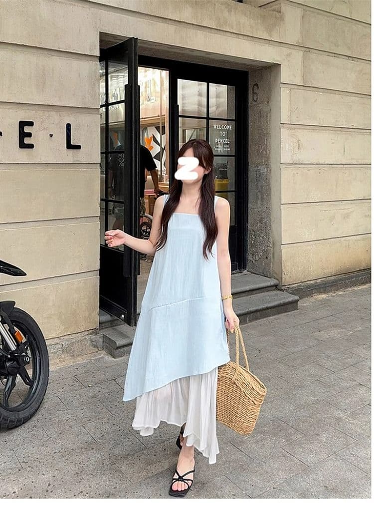 파란색 민소매 조끼 여성 드레스 여름 프랑스식 품격 고급 센스 해변가 휴가 롱 스커트 상세 이미지 2