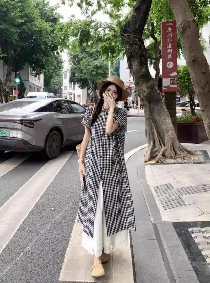 일본식 레트로 체크무늬 여성 드레스 여름 새로운 작은 대중 라운드 넥 루즈핏 셔츠 롱 스커트 상세 이미지 2