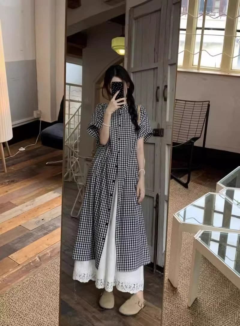 일본식 레트로 체크무늬 여성 드레스 여름 새로운 작은 대중 라운드 넥 루즈핏 셔츠 롱 스커트 상세 이미지 14