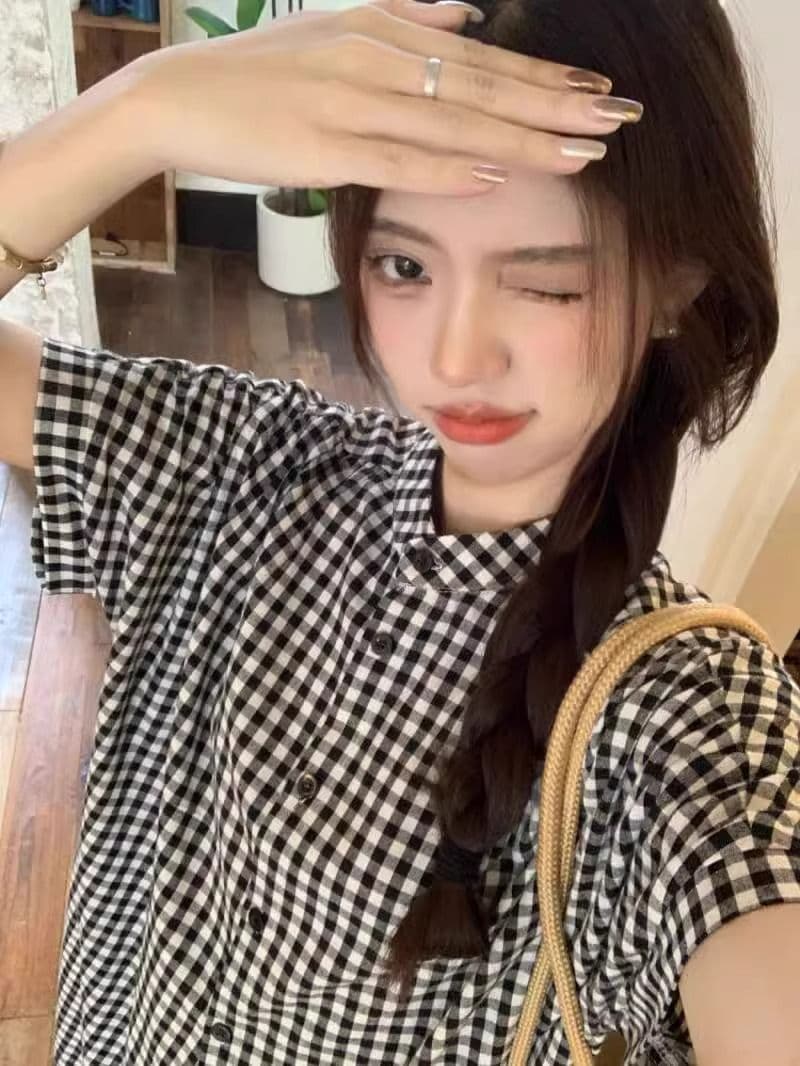 일본식 레트로 체크무늬 여성 드레스 여름 새로운 작은 대중 라운드 넥 루즈핏 셔츠 롱 스커트 상세 이미지 17