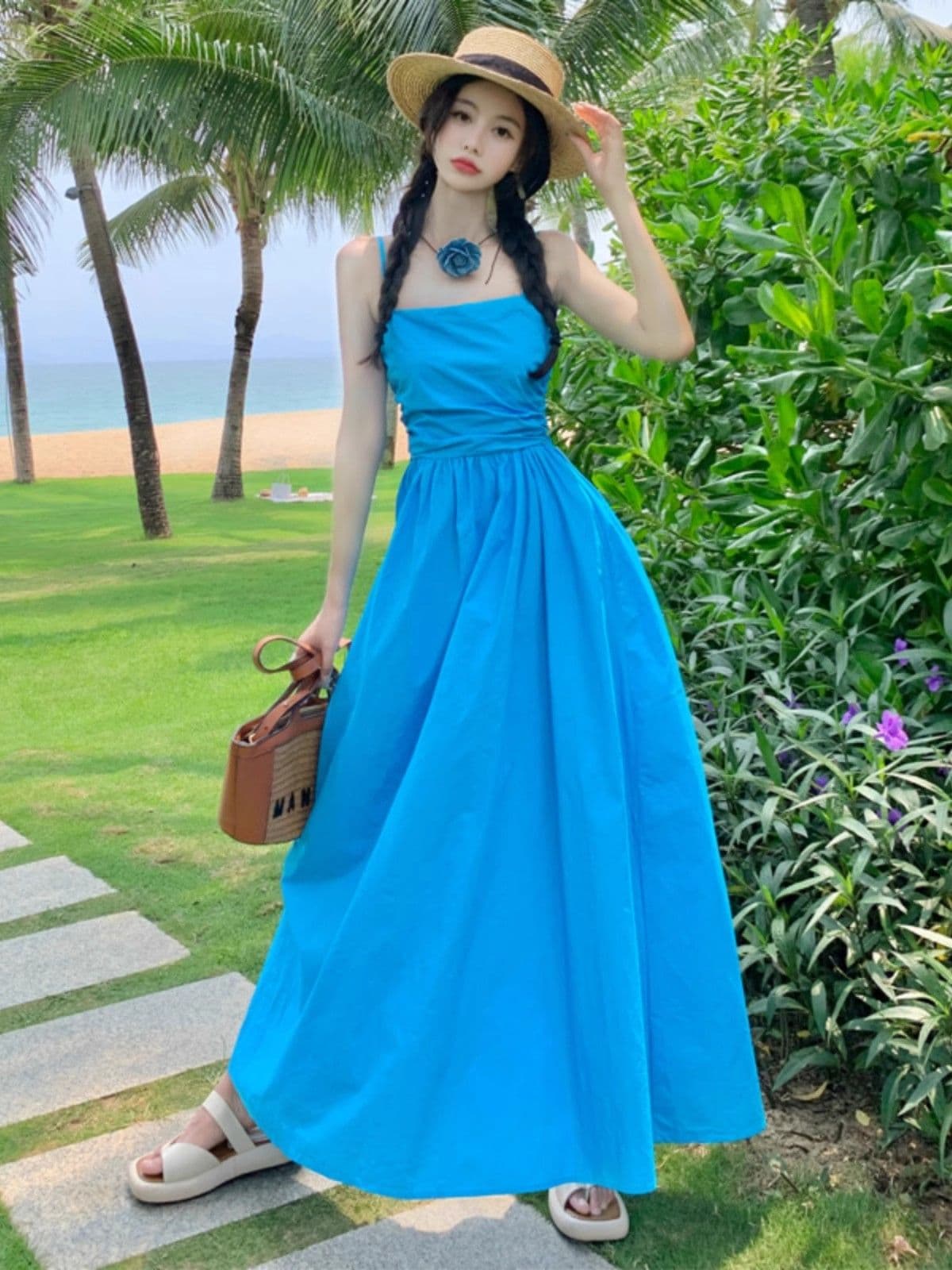 레이크 블루 색상 튜브탑 슬립 여성 드레스 여름 밝은 색상 태국 사람 스타일 해변가 휴가 해변 롱 스커트 상세 이미지 10