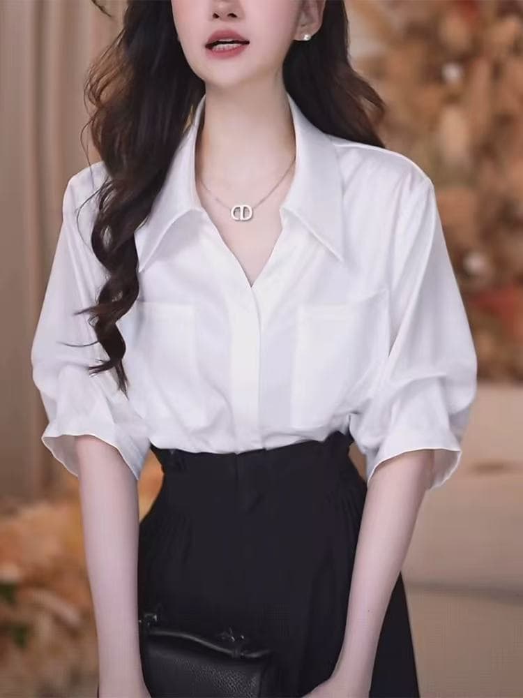 프랑스식 화이트 여성 셔츠 2026 새로운 여름 고급 센스 연령 감소 외국 가스 루즈핏 캐주얼 경력 셔츠 맨위 이미지 3