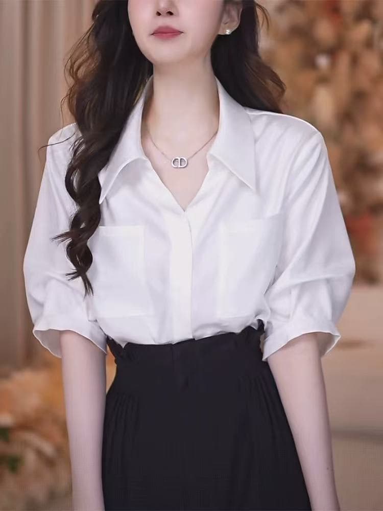 프랑스식 화이트 여성 셔츠 2026 새로운 여름 고급 센스 연령 감소 외국 가스 루즈핏 캐주얼 경력 셔츠 맨위 이미지 2