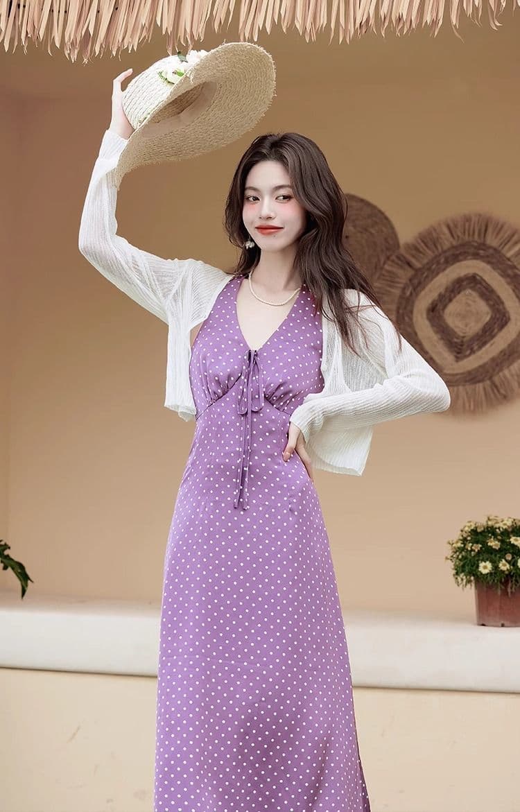 바람 eia 하나 야오 폴카 휴일 프랑스식 행침 목 여성 드레스 이른 봄 보라색 길다 치마 상세 이미지 6