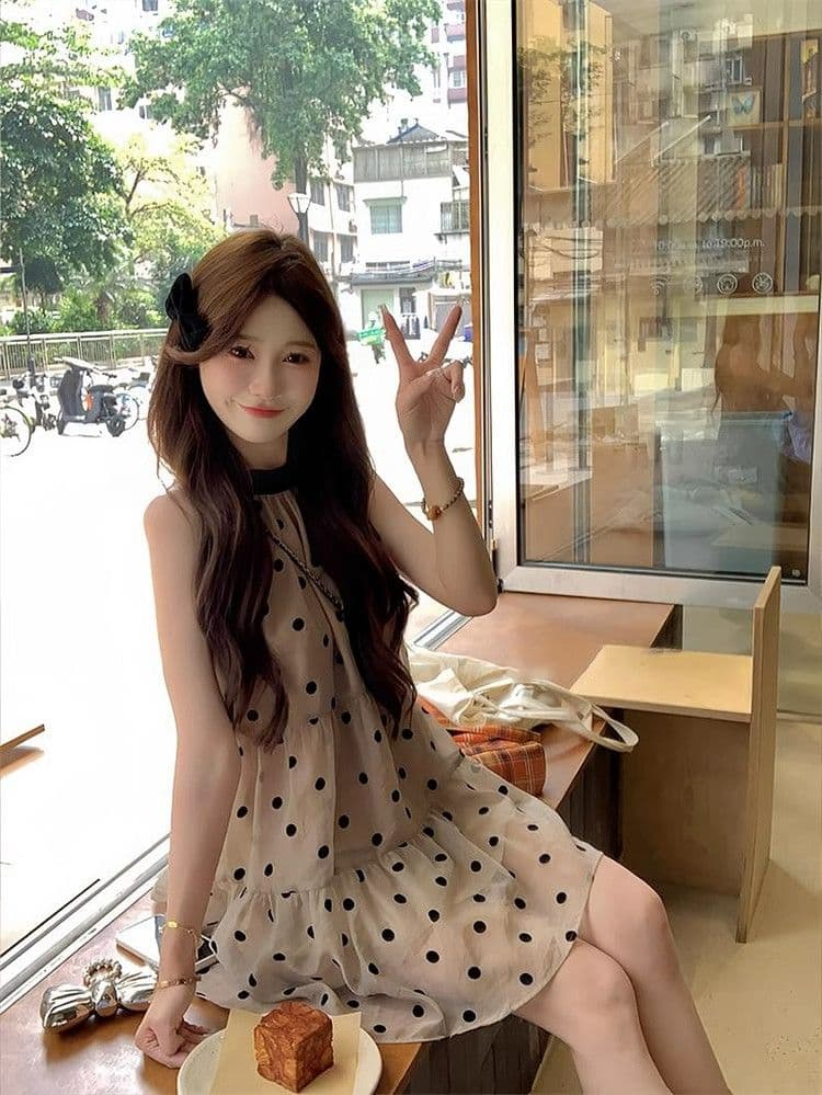 민소매 오프숄더 도트 무늬 드레스 아이들 여름 작은 키 차 휴식 프랑스식 해변가 휴가 미니 스커트 이미지 2
