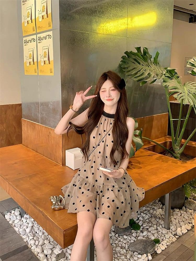 민소매 오프숄더 도트 무늬 드레스 아이들 여름 작은 키 차 휴식 프랑스식 해변가 휴가 미니 스커트 이미지 4