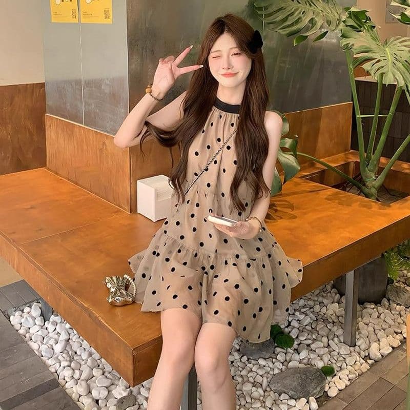 민소매 오프숄더 도트 무늬 드레스 아이들 여름 작은 키 차 휴식 프랑스식 해변가 휴가 미니 스커트 상세 이미지 9