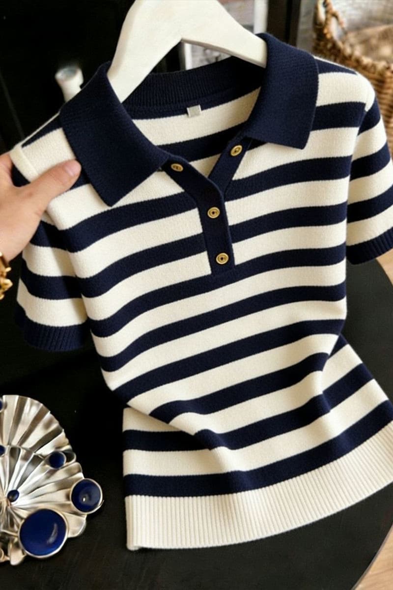 표지 배 스트라이프 POLO 칼라 짧은 소매 위버 여름 얇은 스타일 트렌드 티셔츠 루즈핏 맨위 상세 이미지 5
