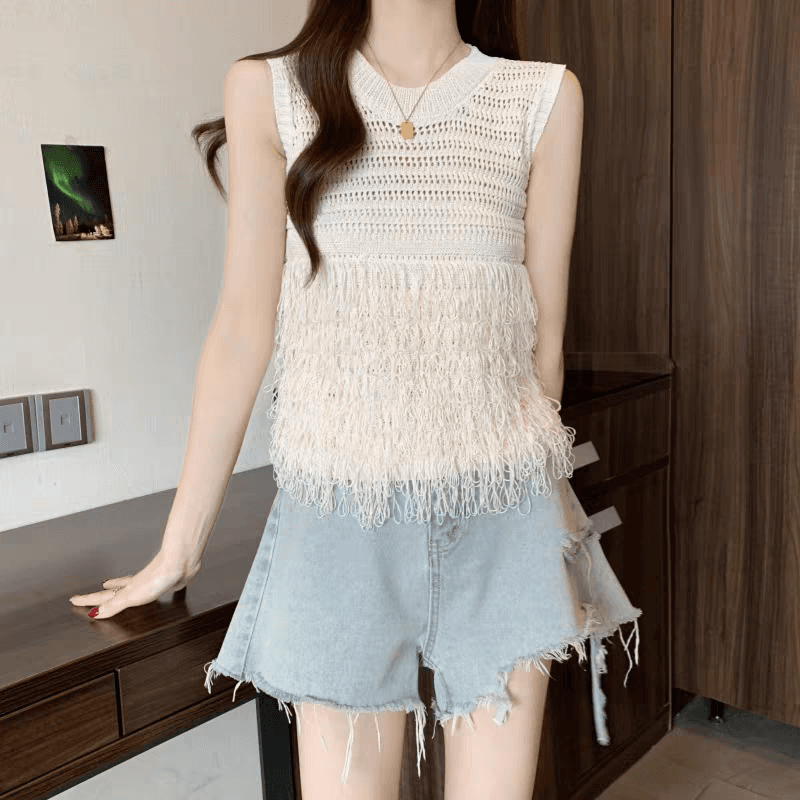 한 부서 봄 여름 얇은 스타일 술 조끼 민소매 니트 조끼 여자 이른 봄 새로운 디자인 센스 패션 동정 맨위 이미지 3
