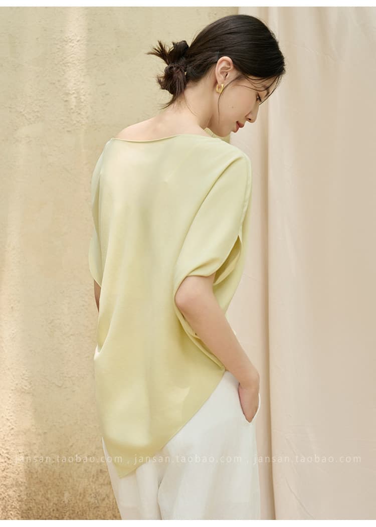 도루 피하다. 센스 보트넥 불규칙 수 있습니다. 허리 수축 심지어 소매 우아함 박쥐 작은 셔츠 맨위 여성 상세 이미지 5