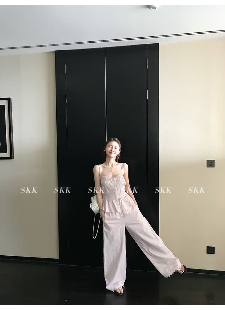 skk store lace 소녀 아로마 낭만주의 우아한 프랑스식 레이스 작은 슬링 레이스 캐주얼 바지 세트 상세 이미지 8