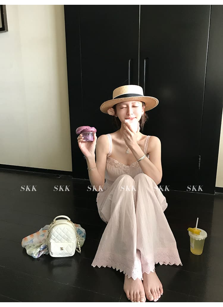 skk store lace 소녀 아로마 낭만주의 우아한 프랑스식 레이스 작은 슬링 레이스 캐주얼 바지 세트 상세 이미지 9