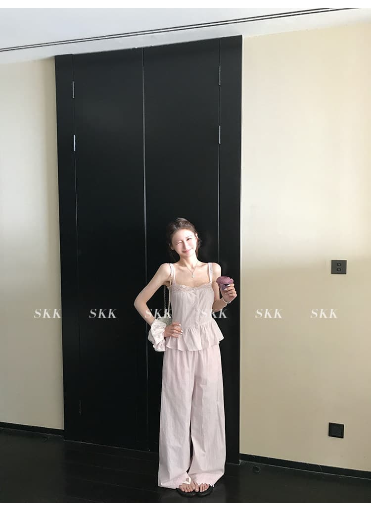 skk store lace 소녀 아로마 낭만주의 우아한 프랑스식 레이스 작은 슬링 레이스 캐주얼 바지 세트 상세 이미지 11