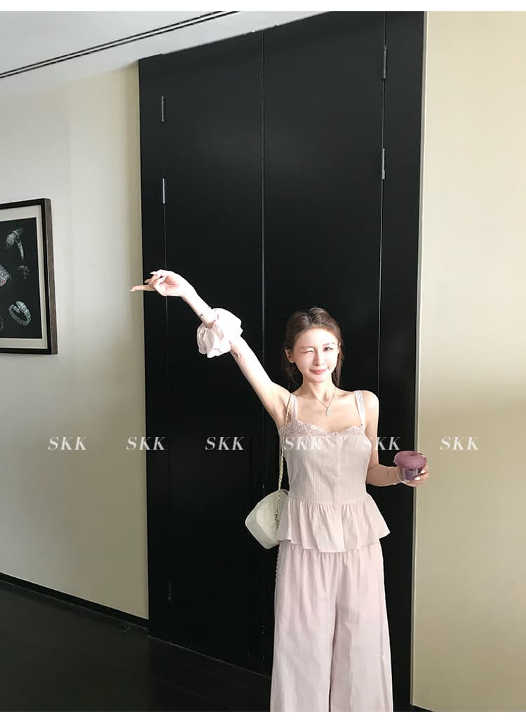 skk store lace 소녀 아로마 낭만주의 우아한 프랑스식 레이스 작은 슬링 레이스 캐주얼 바지 세트 상세 이미지 12