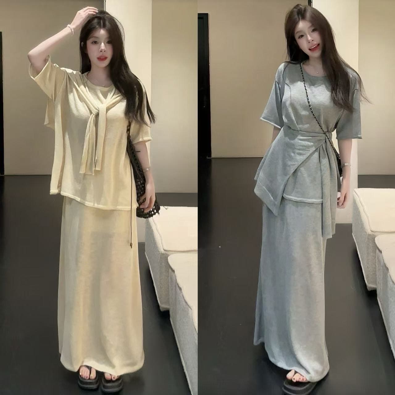 huihui 새로운 느긋한 바람 루즈핏 반팔 맨위 가져 가라. 반신 스커트 세 조각 세트