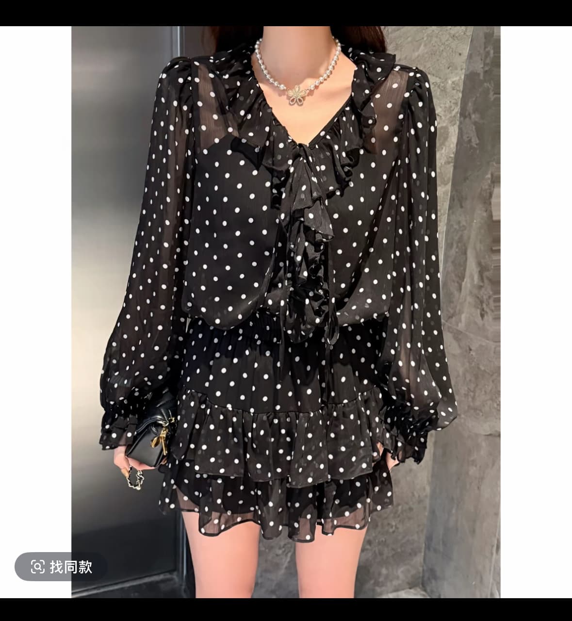 여름 ootd 착용 가져 가라. 세트 부드러운 바람 도트 무늬 V넥 긴팔 맨위 하이웨이스트 반신 치마바지 연령 감소 투피스 세트 이미지 3