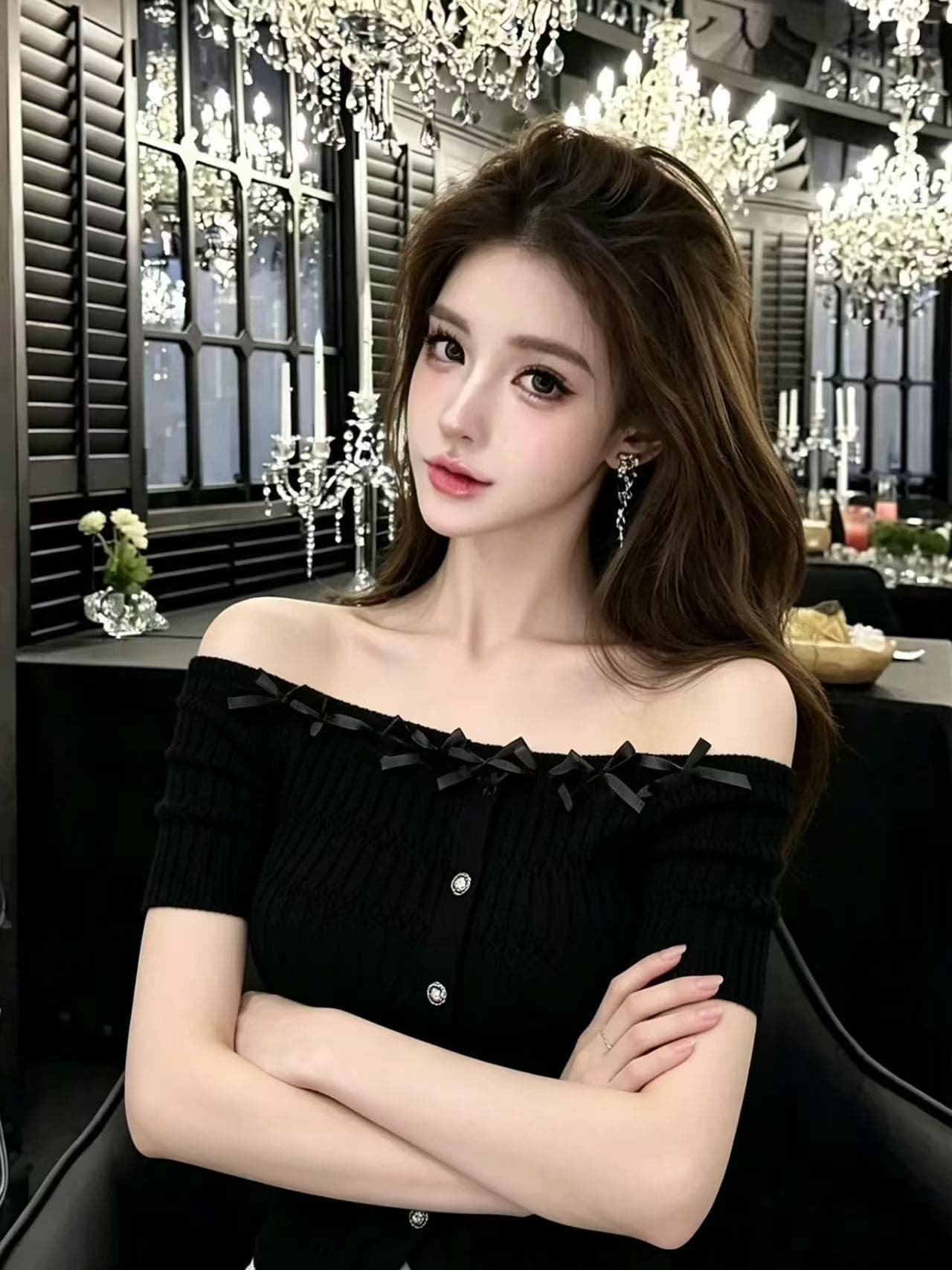 lym studio 오프숄더 나비 매듭 니트 스웨터 여성 화이트 반팔 빛 요리 한 우아함 품격 맨위 이미지 3