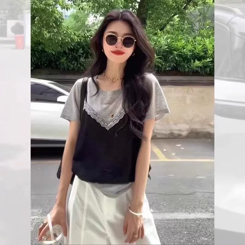 회색 얼음 실크 레이스 조각 페이크 레이어드 반팔 티셔츠 여성 여름 얇은 스타일 작은 키 긍정적 인 어깨 쇼트 스타일 맨위 상세 이미지 6