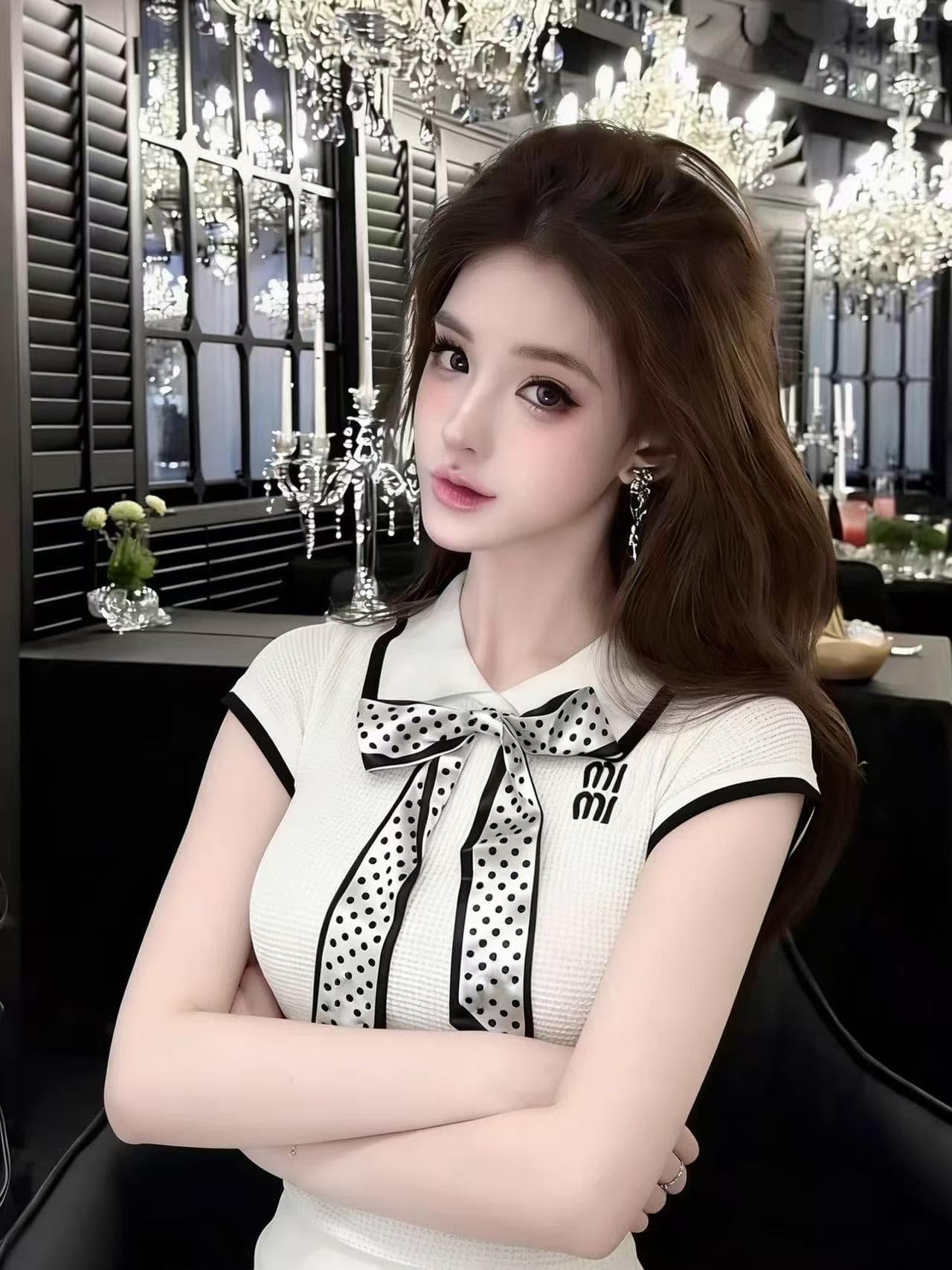 lym studio 도트 무늬 나비 매듭 스카프 학원 스타일 POLO 칼라 반팔 티셔츠 여성 화이트 니트 맨위 이미지 2
