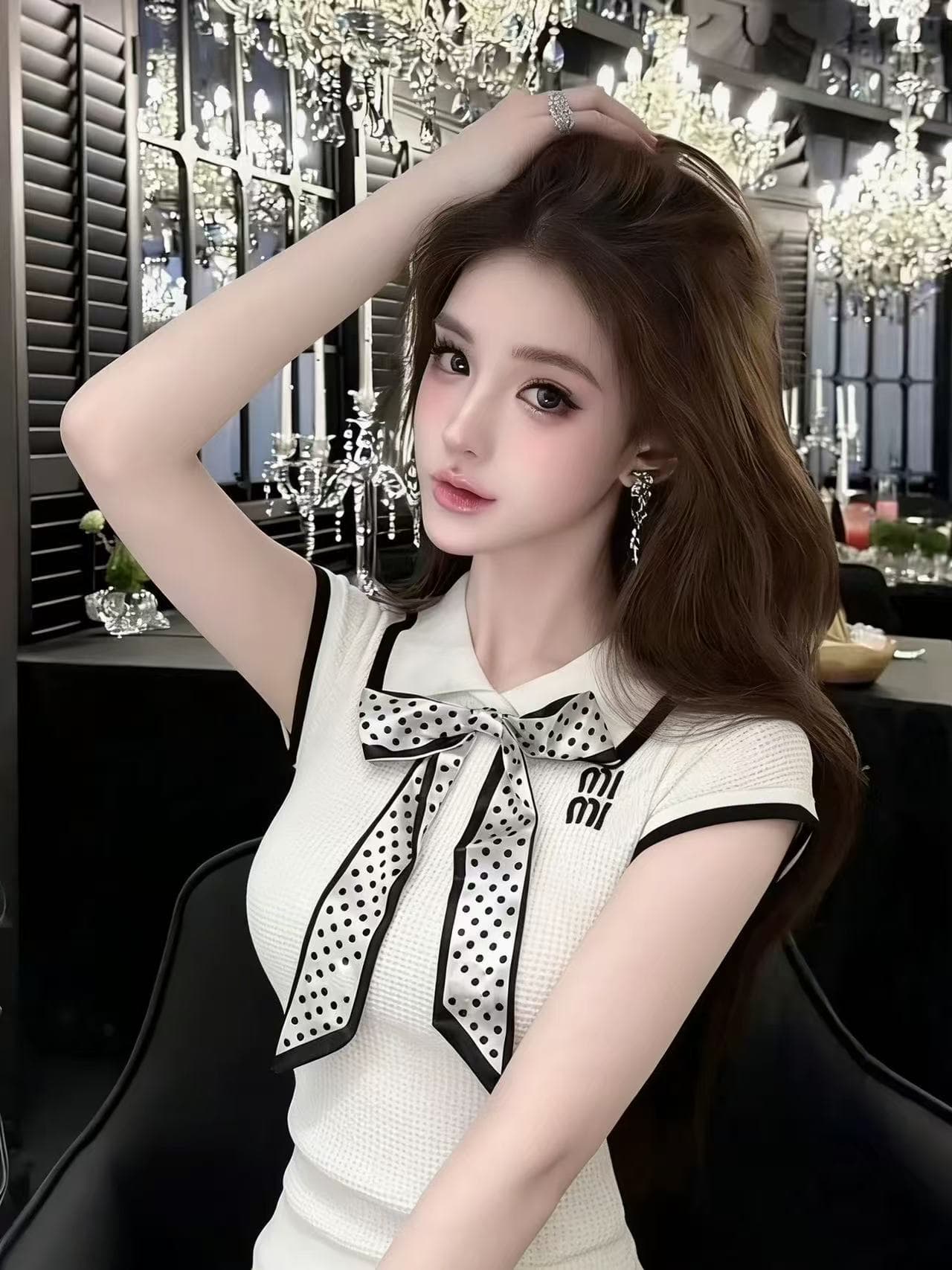lym studio 도트 무늬 나비 매듭 스카프 학원 스타일 POLO 칼라 반팔 티셔츠 여성 화이트 니트 맨위 상세 이미지 2
