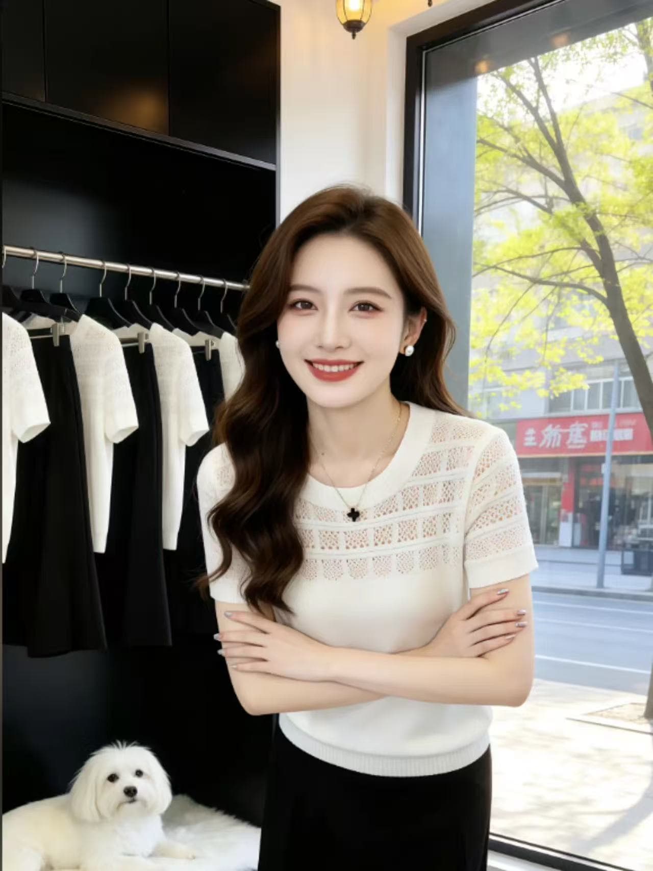 화이트 얼음 실크 홀로우 아웃 니트 맨위 여성 의류 여름 라운드 넥 풀오버 슬림해 보이는 캐주얼 다용도 니트 반팔 티셔츠 상세 이미지 5
