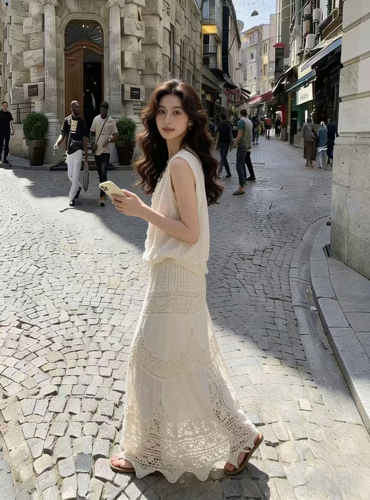 휴가 바람 자카드 디자인 민소매 작은 셔츠 프랑스식 레트로 휴가 센스 자수 홀로우 아웃 롱 코트 반신 치마 세트 상세 이미지 9