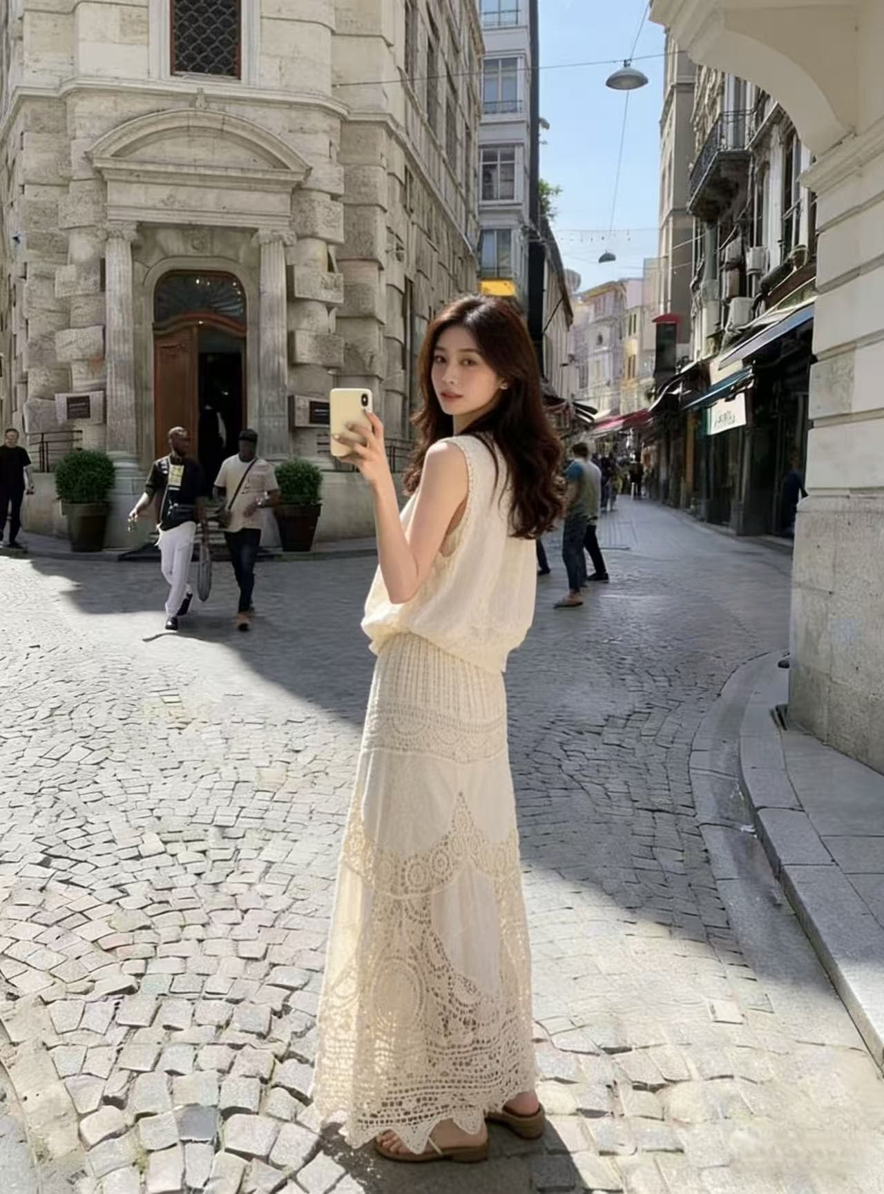 휴가 바람 자카드 디자인 민소매 작은 셔츠 프랑스식 레트로 휴가 센스 자수 홀로우 아웃 롱 코트 반신 치마 세트 상세 이미지 10