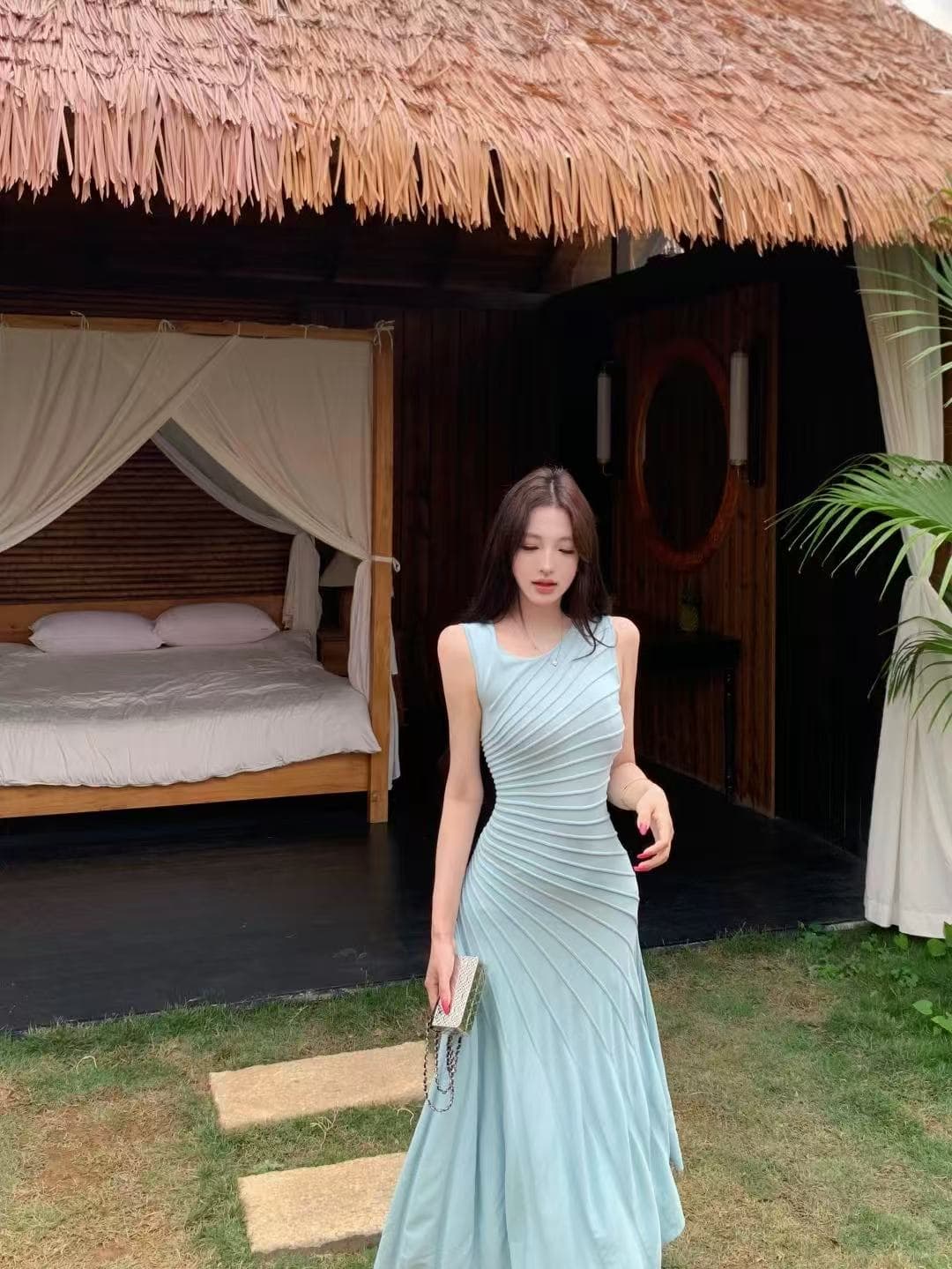 프랑스식 민소매 드레스 품격 허리 수축 주름 롱 스커트 여성 여름 여행 휴가 바람 해변가 불규칙 롱 코트 치마 상세 이미지 3