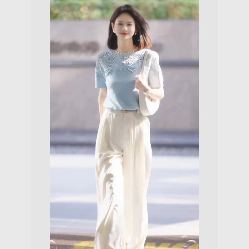여름 새로운 착용 가져 가라. 전체 집합 관대 한 점잖은 품격 고급 여신 팬 고급 센스 파란색 티셔츠 세트 바지 상세 이미지 2