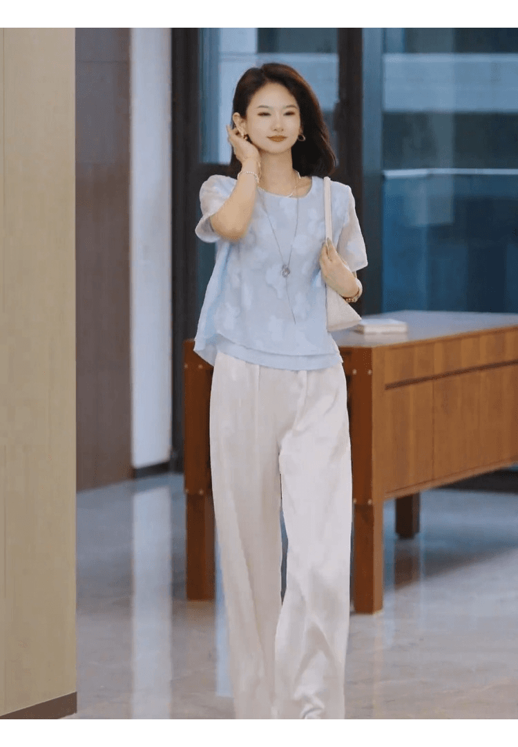 2026 슈퍼 화재 여름 드레스 전체 집합 관대 한 점잖은 품격 고급 센스 다용도 출퇴근 바람 파란색 맨위 세트 바지