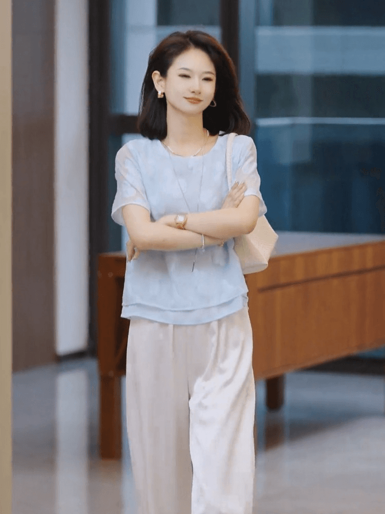 2026 슈퍼 화재 여름 드레스 전체 집합 관대 한 점잖은 품격 고급 센스 다용도 출퇴근 바람 파란색 맨위 세트 바지 상세 이미지 5