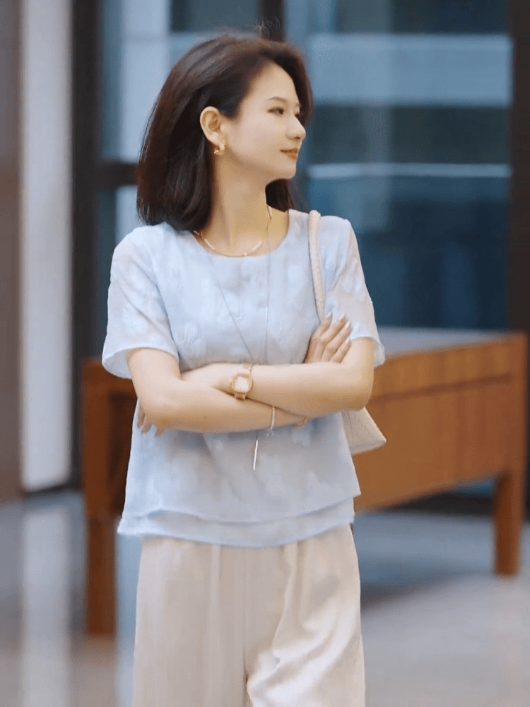 2026 슈퍼 화재 여름 드레스 전체 집합 관대 한 점잖은 품격 고급 센스 다용도 출퇴근 바람 파란색 맨위 세트 바지 상세 이미지 7