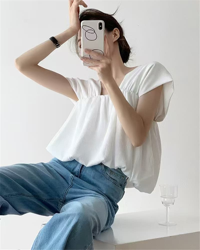 디자인 센스 광장 칼라 조끼 민소매 맨위 여성 화이트 품격 풀오버 셔츠 거품 소매 새틴 쇼트 스타일 셔츠 이미지 4