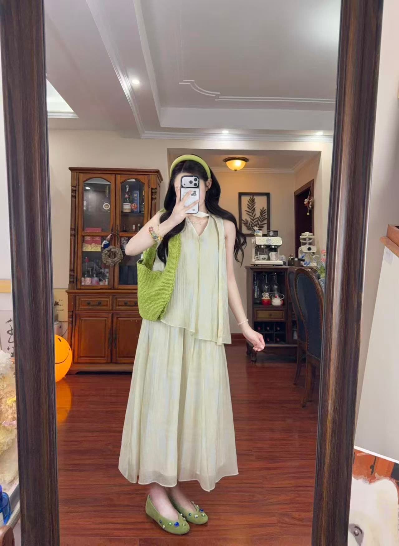 2026 여름 드레스 품격 전체 집합 ootd 착용 가져 가라. 허리 수축 연령 감소 V넥 민소매 맨위 반신 스커트 두 조각 여성 세트