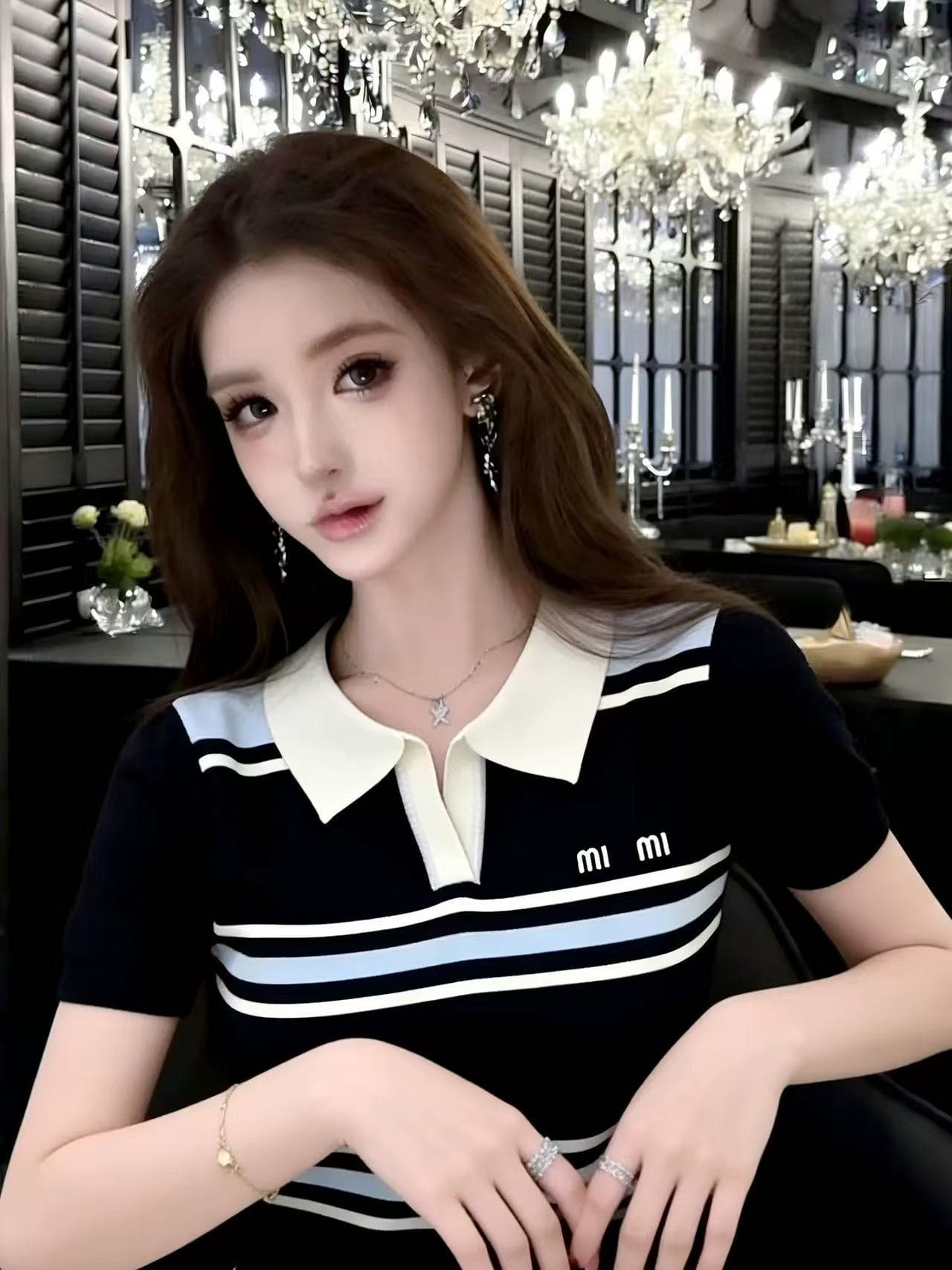 배색 스트라이프 POLO 칼라 니트 스웨터 여성용 짧은 소매 여름 새로운 한 부서 고급 센스 슬림해 보이는 다용도 캐주얼 맨위 상세 이미지 5