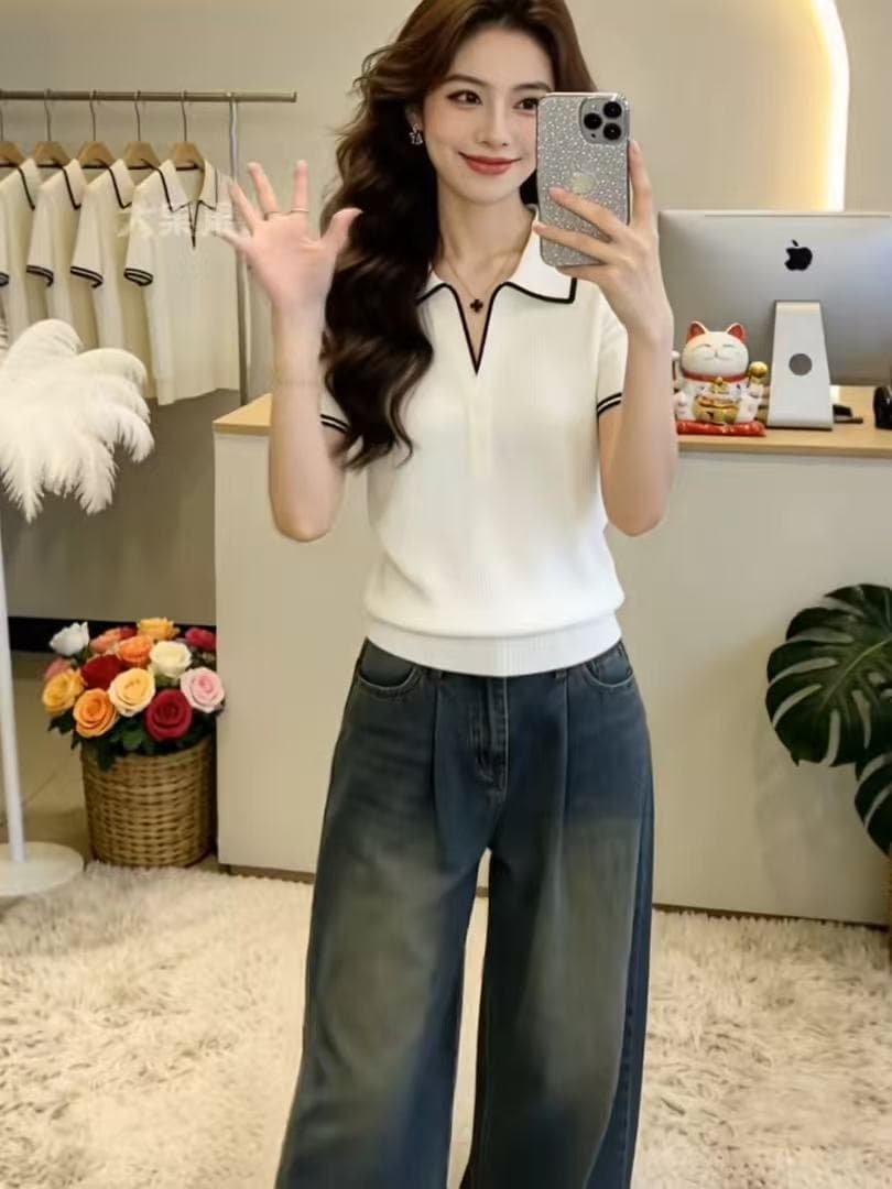 프랑스식 폴로 칼라 배색 고급 반팔 니트 스웨터 여성 여름 빅 사이즈 지방 mm 표지 배 슬림해 보이는 긍정적 인 어깨 V넥 맨위 이미지 2