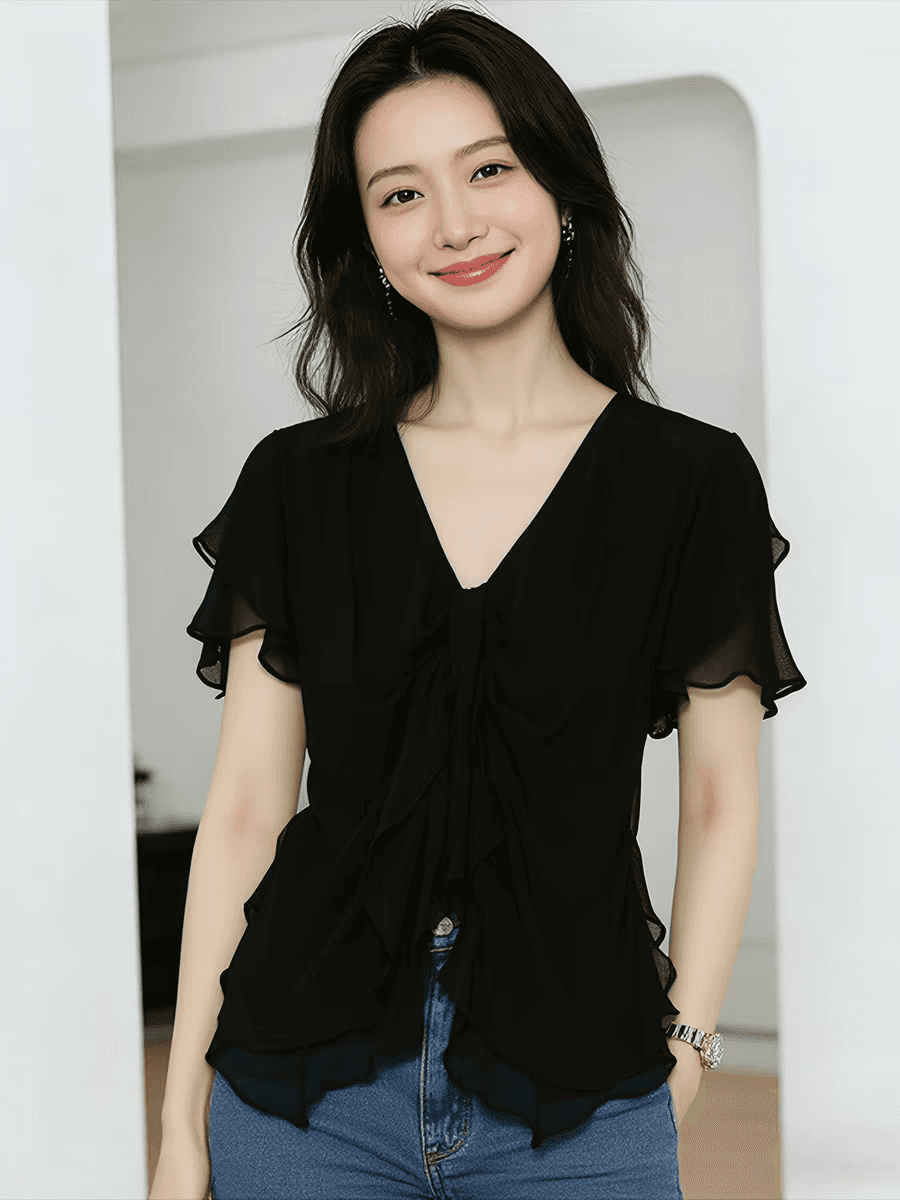 빛 럭셔리 우아함 바람 V넥 프릴 검정색 반팔 맨위 여성 여름 새로운 슬림해 보이는 작은 대중 디자인 센스 셔츠 이미지 2