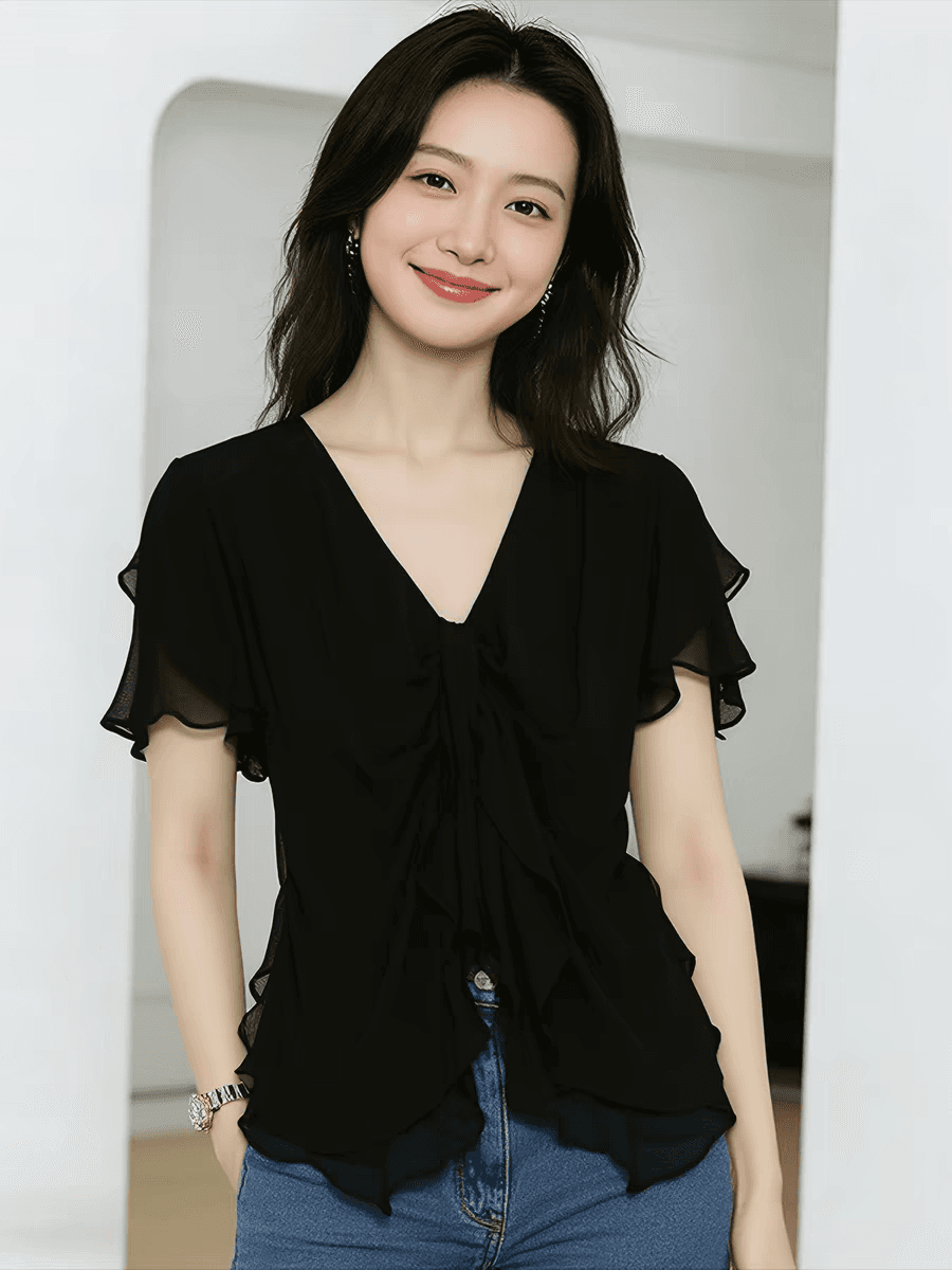 빛 럭셔리 우아함 바람 V넥 프릴 검정색 반팔 맨위 여성 여름 새로운 슬림해 보이는 작은 대중 디자인 센스 셔츠 상세 이미지 4
