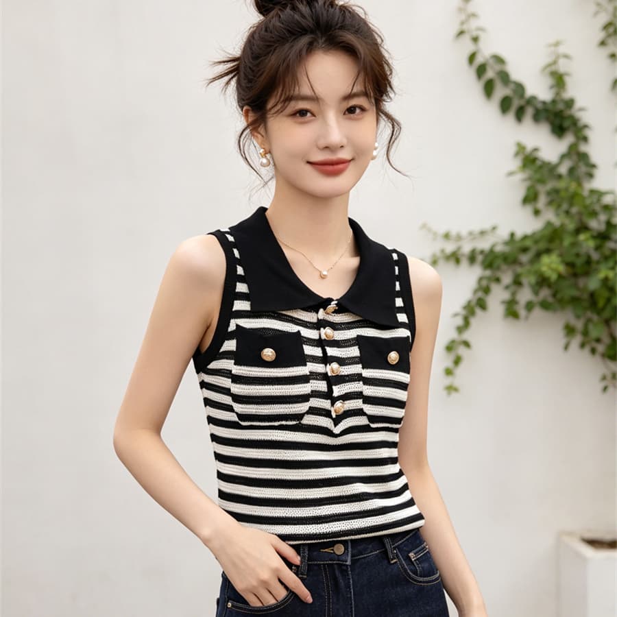 빛 럭셔리 고급 물품 클래식 작은 샤넬 스타일 스트라이프 배색 니트 조끼 여성 여름 연령 감소 단추 민소매 맨위 상세 이미지 5