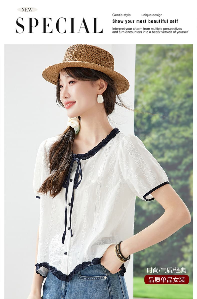 프랑스식 달콤함 프릴 순면 셔츠 여성용 짧은 소매 여름 화이트 나비 넥타이 디자인 센스 작은 대중 맨위 이미지 3