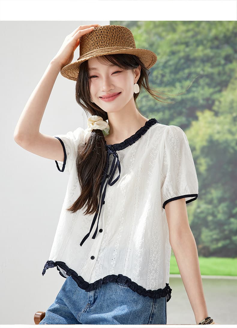 프랑스식 달콤함 프릴 순면 셔츠 여성용 짧은 소매 여름 화이트 나비 넥타이 디자인 센스 작은 대중 맨위 상세 이미지 7