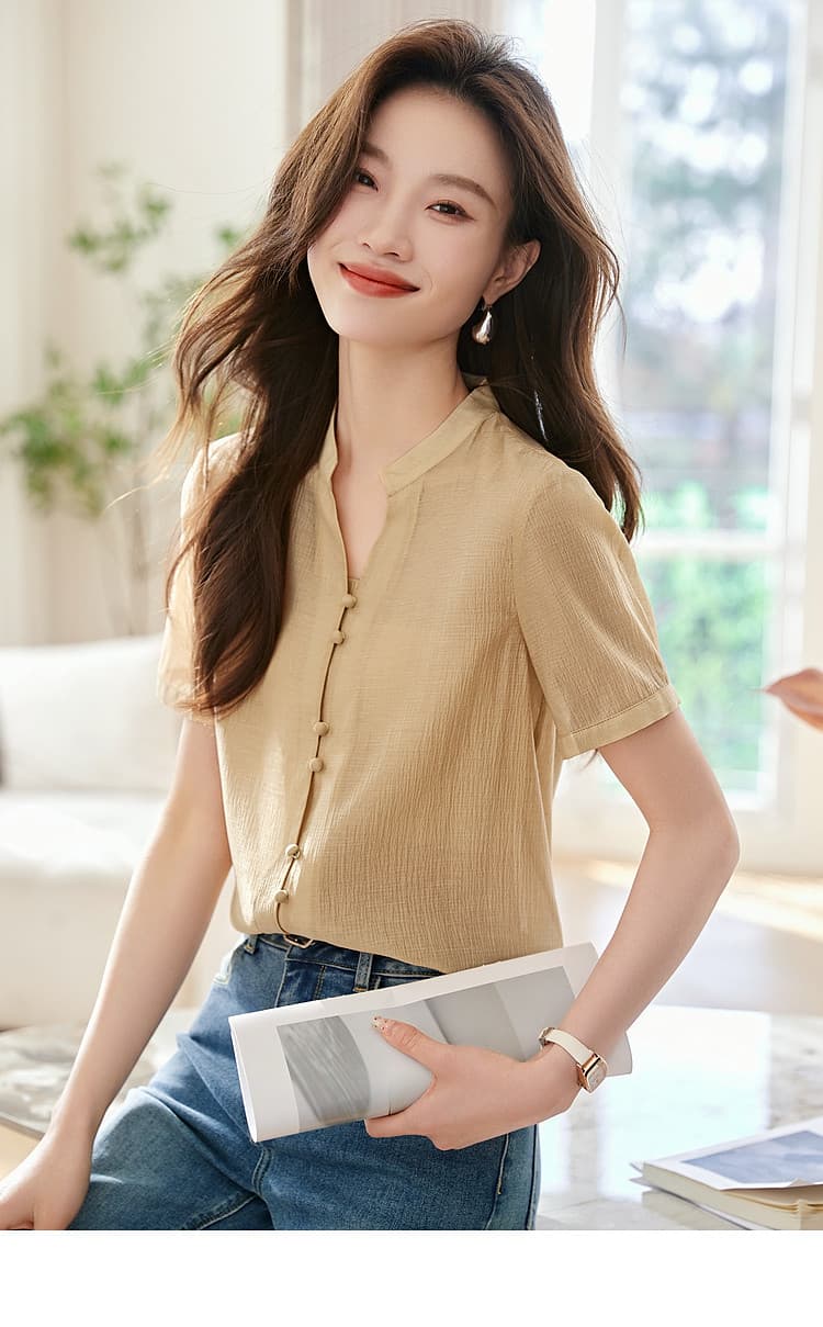 2026 여름 새로운 셔츠 센 부서 미니멀리즘 캐주얼 V넥 다용도 선택하지 마라. 사람들 루즈핏 여성 셔츠 상세 이미지 7