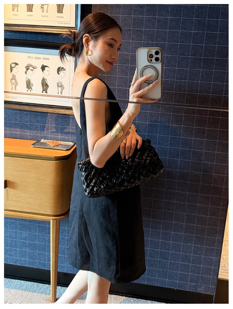 프랑스식 우아함 아마 백리스 u 칼라 검정색 슬립 여성 드레스 이미지 3