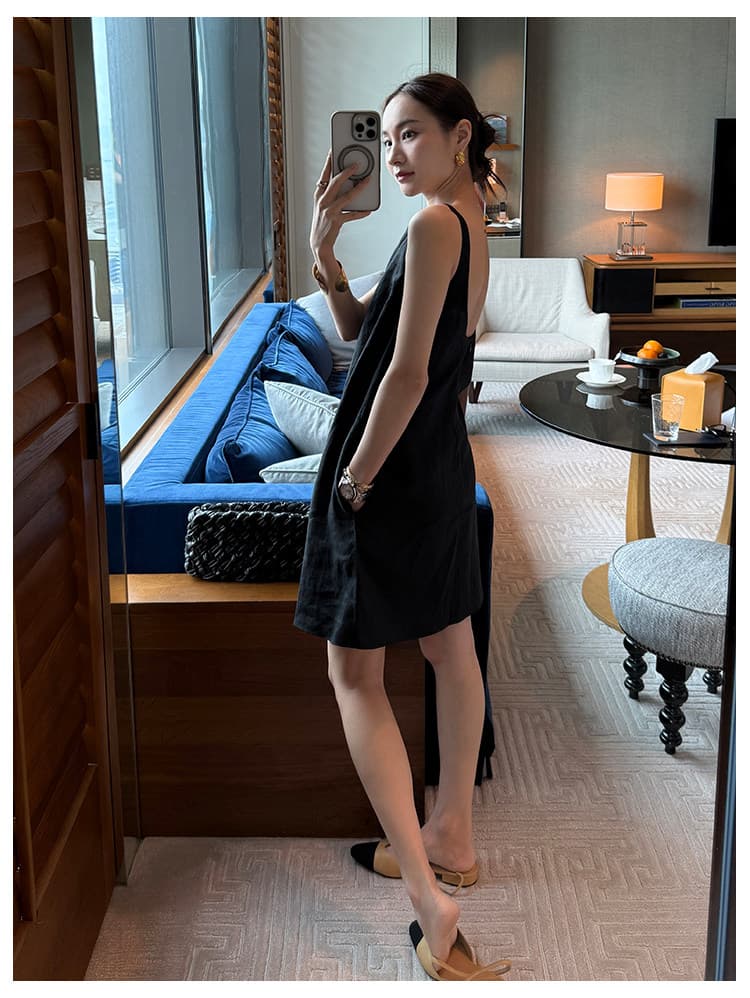프랑스식 우아함 아마 백리스 u 칼라 검정색 슬립 여성 드레스 상세 이미지 10