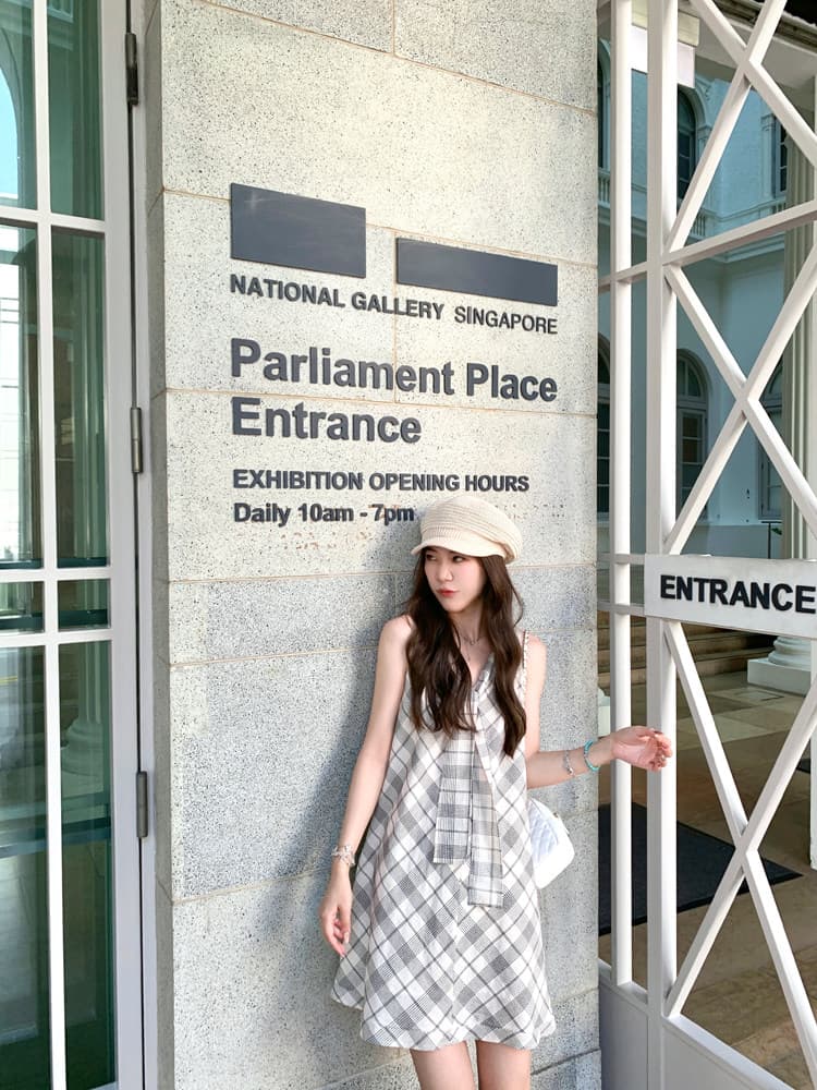 한 부서 해군 칼라 드레스 레트로 체크무늬 품격 슬립 드레스 여성 여름 이미지 3