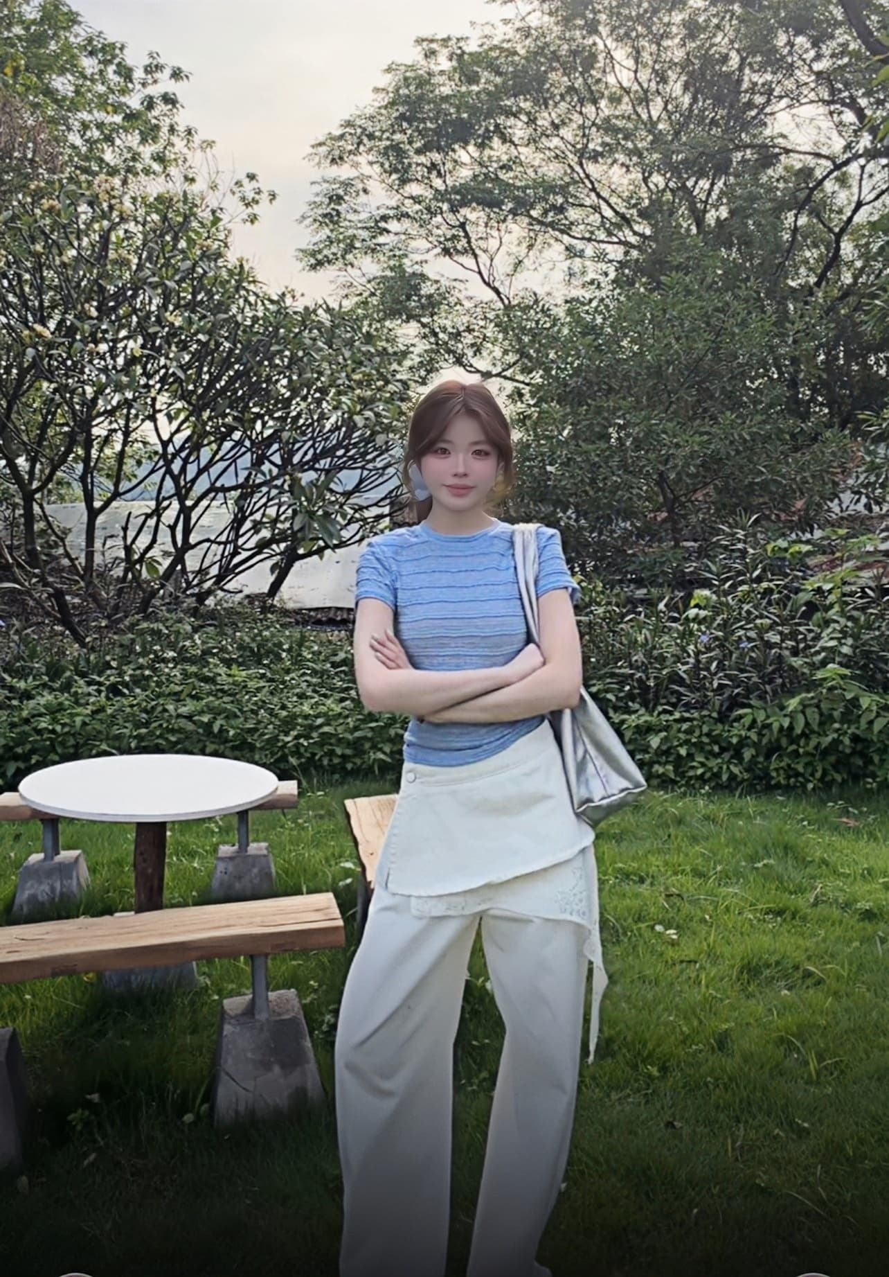 3 차원 압력 주름 질감 짧은 고급 센스 몸매 가꾸기 슬림해 보이는 다용도 품격 맨위 상세 이미지 9