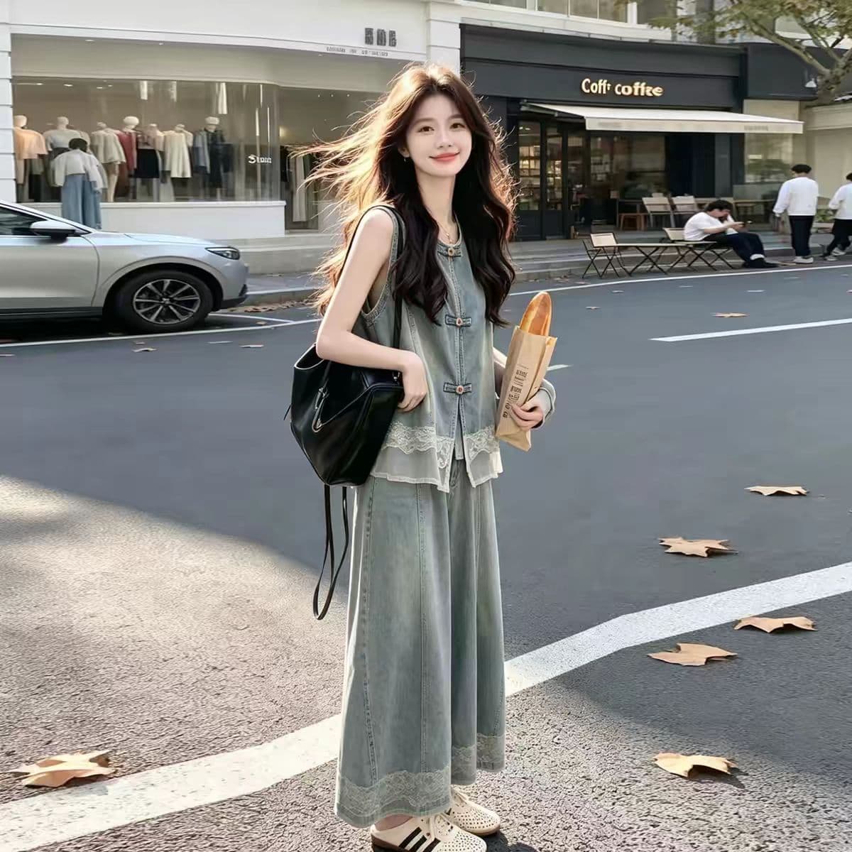 레이스 조각 데님 두 조각 여성 세트 2026 여름 새로운 민소매 베스트 와이드 레그 팬츠 슬림해 보이는 패션 세트 상세 이미지 3