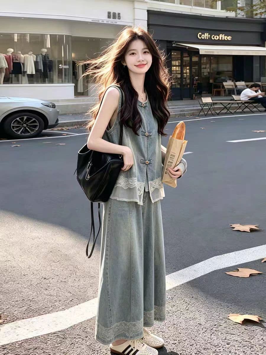 레이스 조각 데님 두 조각 여성 세트 2026 여름 새로운 민소매 베스트 와이드 레그 팬츠 슬림해 보이는 패션 세트 상세 이미지 5